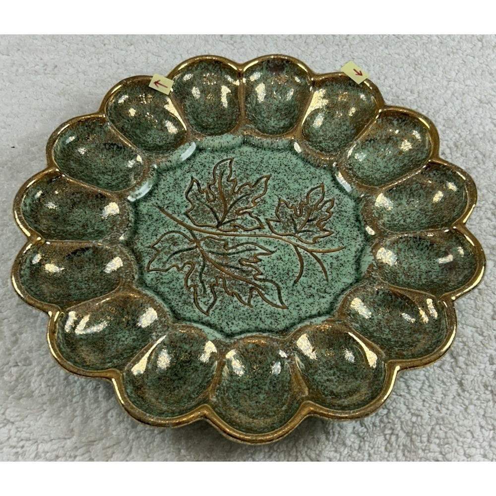 Vtg California Original Pottery 703 Egg Dish Green w/Gold Splatter Leaf **READ** - Picture 10 of 11